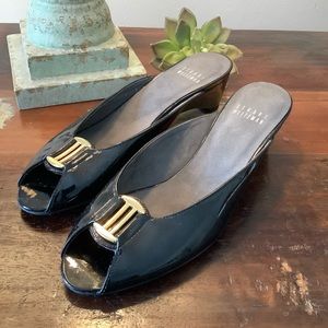 Vintage Stuart Weitzman Heeled Mules Peep Toe Slides Patent Leather Dress Shoes